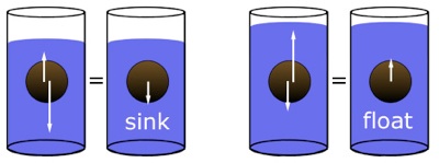 a larger downward than upward force causes an object to sink; or a larger upward than downward force causes an object to float